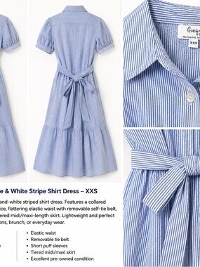 Blue and White Striped Midi Shirt Dress with Tie Back